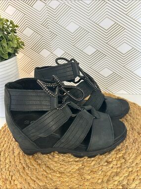 Sorel Joanie II Wedge Gladiator leather lace-up sandals-black-size 6